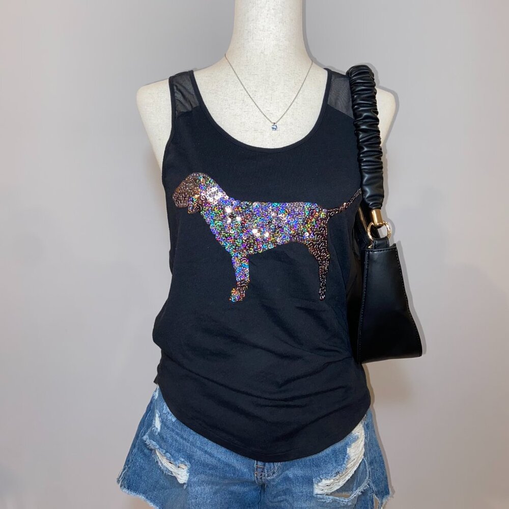 Victoria’s Secret PINK Black Racerback Tank Top Sequin Dog Size Small